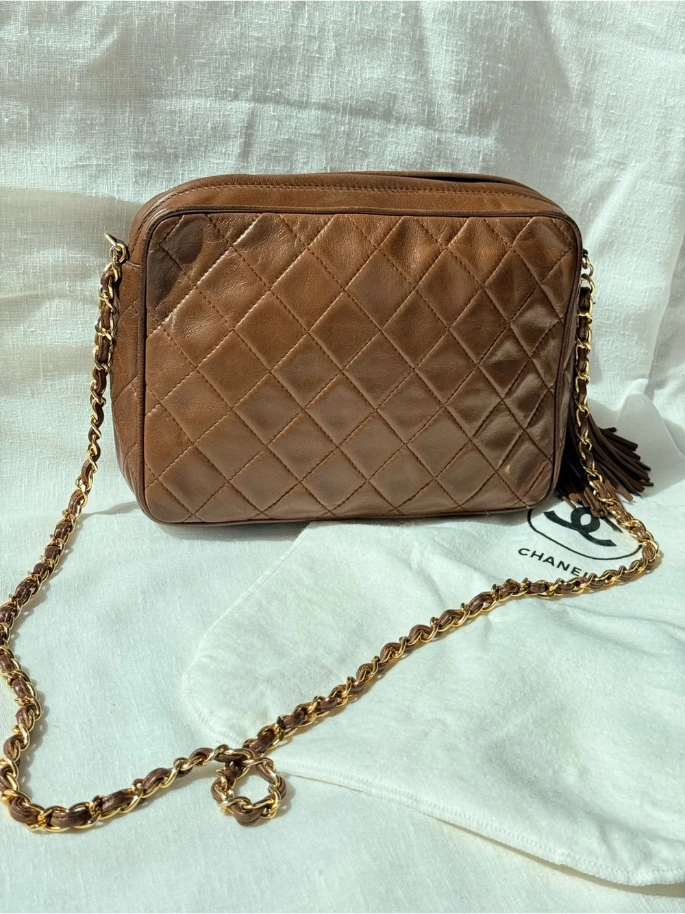 Vintage CHANEL Brown Lambskin Tassel Camera Bag CC Gold Chain 1 Series Rare